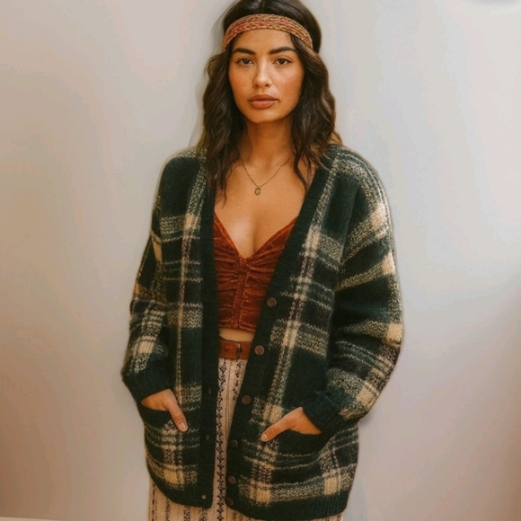 Vintage Paul Harris Cardigan Plaid Mohair Blend Grunge Grandpa Boho Women's Sz L - Picture 1 of 10